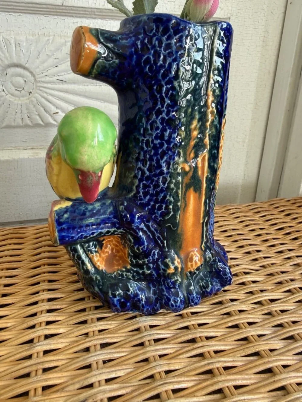 Vintage 50's Japan Blue Tree Stump Vase King Fisher Bird Vase Whimsical